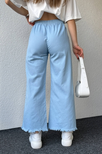 PNT-07379 Mavi Paça Püsküllü Bel Lastik Ve İp Detay Keten Kumaş Salaş Pantolon - Thumbnail