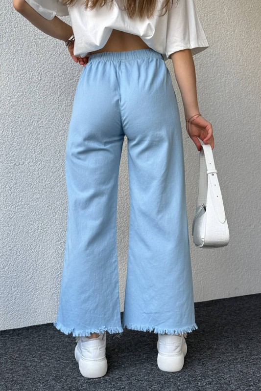 PNT-07379 Mavi Paça Püsküllü Bel Lastik Ve İp Detay Keten Kumaş Salaş Pantolon - 8