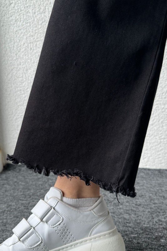 PNT-07379 Siyah Paça Püsküllü Bel Lastik Ve İp Detay Keten Kumaş Salaş Pantolon