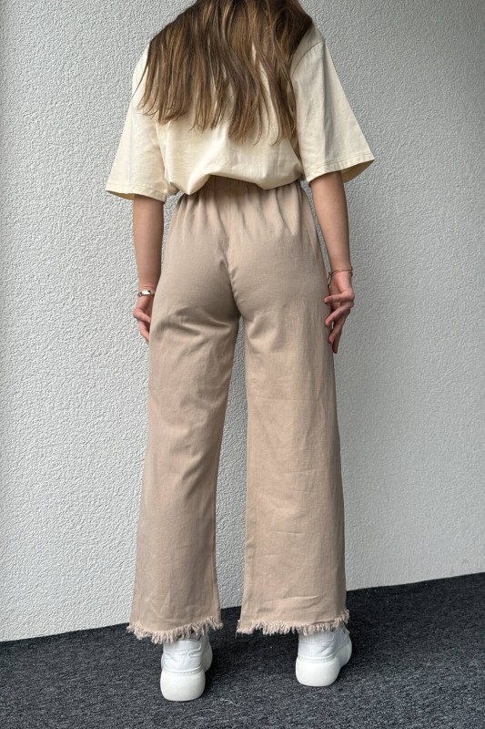 PNT-07379 Taş Rengi Paça Püsküllü Bel Lastik Ve İp Detay Keten Kumaş Salaş Pantolon
