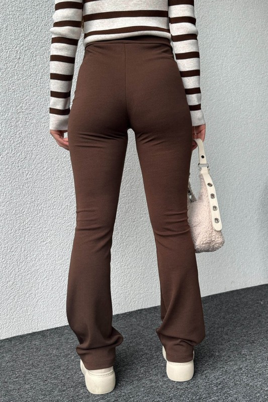 PNT-07381 Kahverengi Çimalı İspanyol Paça Crep Kumaş Pantolon