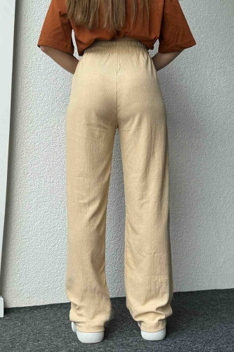 PNT-07383 Bej Rengi İpli Lastikli Bürümcük Kumaş Salaş Pantolon - Thumbnail