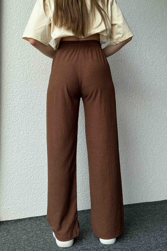 PNT-07383 Kahverengi İpli Lastikli Bürümcük Kumaş Salaş Pantolon - 6