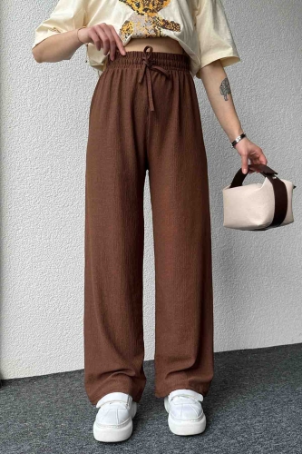 PNT-07383 Kahverengi İpli Lastikli Bürümcük Kumaş Salaş Pantolon - 1
