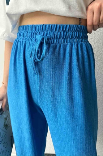 PNT-07383 Mavi İpli Lastikli Bürümcük Kumaş Salaş Pantolon - Thumbnail