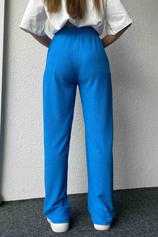 PNT-07383 Mavi İpli Lastikli Bürümcük Kumaş Salaş Pantolon - 5