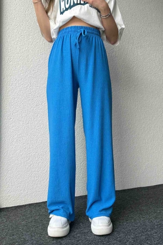 PNT-07383 Mavi İpli Lastikli Bürümcük Kumaş Salaş Pantolon 