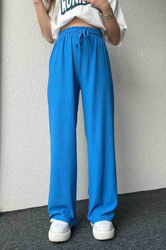 PNT-07383 Mavi İpli Lastikli Bürümcük Kumaş Salaş Pantolon