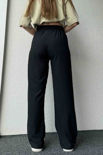 PNT-07383 Siyah İpli Lastikli Bürümcük Kumaş Salaş Pantolon - Thumbnail
