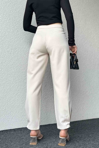 PNT-07385 Krem Rengi Bel Düğmeli Cep Detaylı Şalvar Model Kumaş Pantolon - Thumbnail