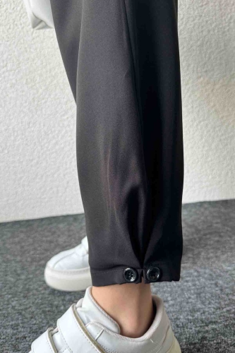 PNT-07385 Siyah Bel Düğmeli Cep Detaylı Şalvar Model Kumaş Pantolon - Thumbnail
