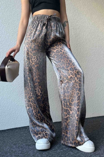 PNT-07390 Kahverengi Leopar Desenli Saten Kumaş Lastikli Palazzo Pantolon - 4
