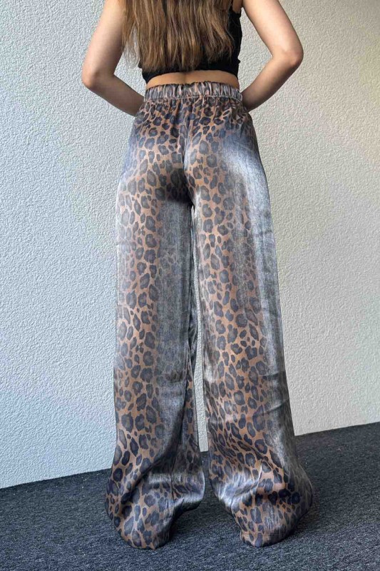 PNT-07390 Kahverengi Leopar Desenli Saten Kumaş Lastikli Palazzo Pantolon - 5
