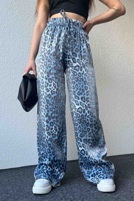 PNT-07390 Mavi Leopar Desenli Saten Kumaş Lastikli Palazzo Pantolon - 3