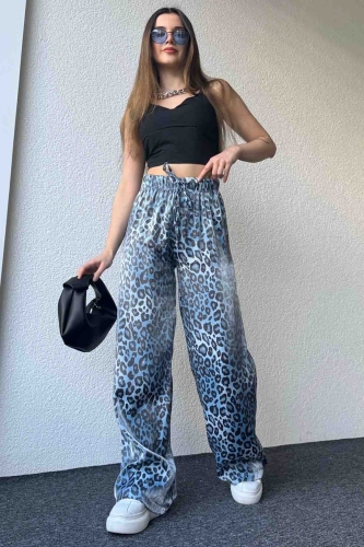 PNT-07390 Mavi Leopar Desenli Saten Kumaş Lastikli Palazzo Pantolon 