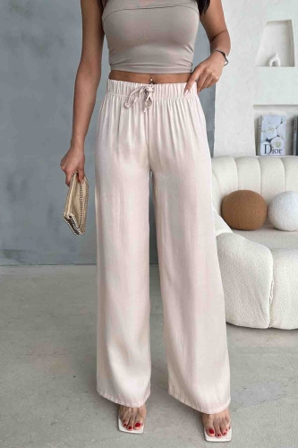 PNT-07395 Krem Rengi Saten Kumaş Bel Lastikli Palazzo Pantolon - 2