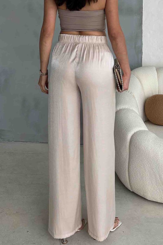 PNT-07395 Krem Rengi Saten Kumaş Bel Lastikli Palazzo Pantolon - 4