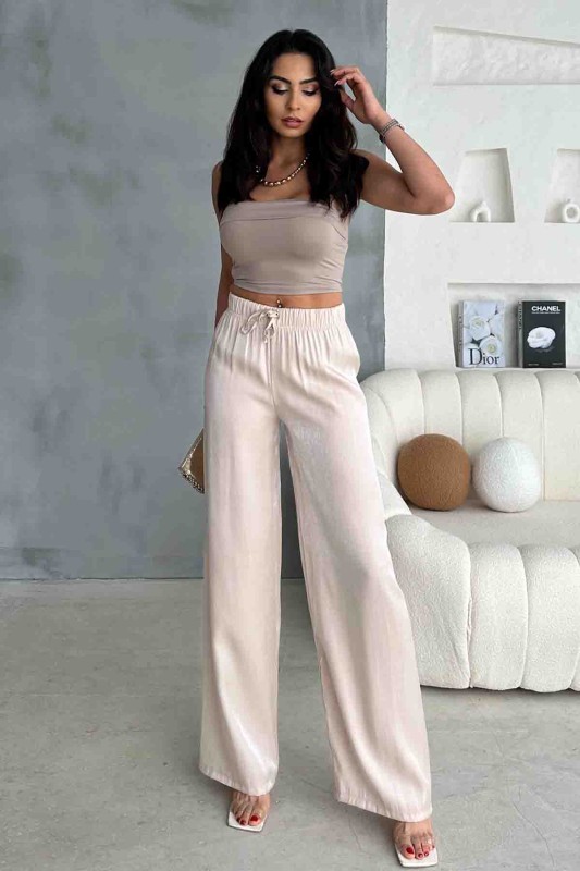 PNT-07395 Krem Rengi Saten Kumaş Bel Lastikli Palazzo Pantolon - 1