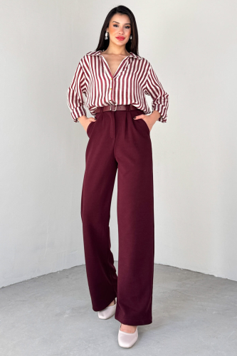PNT-07406 Bordo Kemerli Pile Detaylı Örme Palazzo Pantolon 