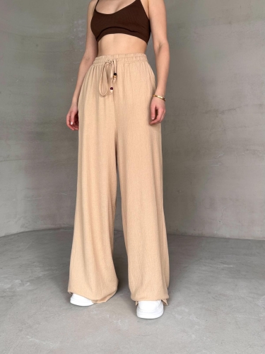 Cappmoda - PNT-07408 Bej Bürümcük Kumaş Bel Lastikli İp Boncuklu Salaş Pantolon (1)