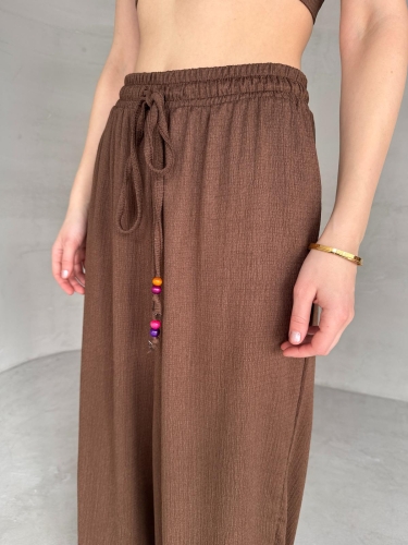 Cappmoda - PNT-07408 Kahverengi Bürümcük Kumaş Bel Lastikli İp Boncuklu Salaş Pantolon (1)