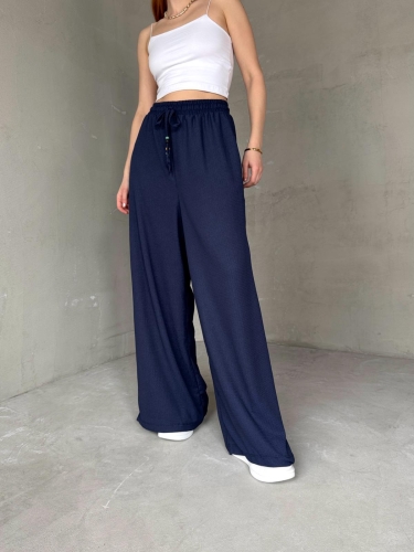 Cappmoda - PNT-07408 Lacivert Bürümcük Kumaş Bel Lastikli İp Boncuklu Salaş Pantolon (1)