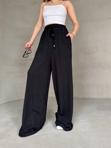 Cappmoda - PNT-07408 Siyah Bürümcük Kumaş Bel Lastikli İp Boncuklu Salaş Pantolon (1)