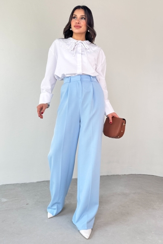 Cappmoda - PNT-07409 Bebe Mavisi Atlas Kumaş Palazzo Pantolon (1)