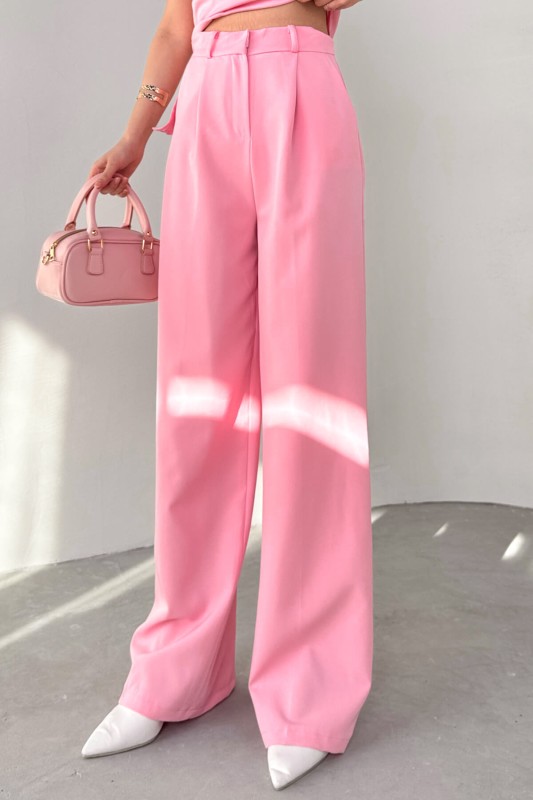 PNT-07409 Pembe Atlas Kumaş Palazzo Pantolon