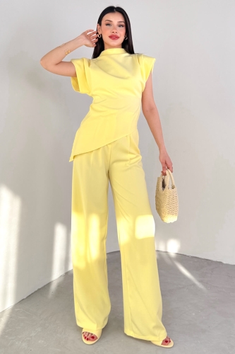Cappmoda - PNT-07409 Sarı Atlas Kumaş Palazzo Pantolon (1)