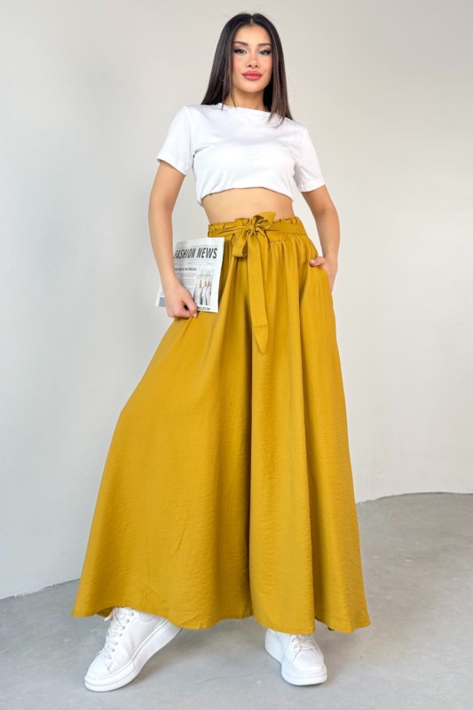 PNT-07410 Hardal Rengi Dokuma Kuşaklı Şalvar Etek Pantolon