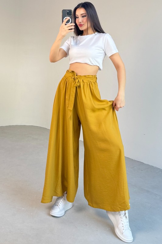 PNT-07410 Hardal Rengi Dokuma Kuşaklı Şalvar Etek Pantolon