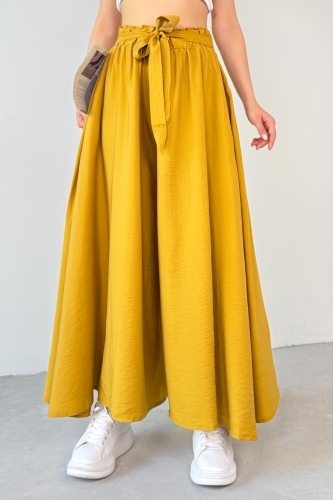 Cappmoda - PNT-07410 Hardal Rengi Dokuma Kuşaklı Şalvar Etek Pantolon (1)