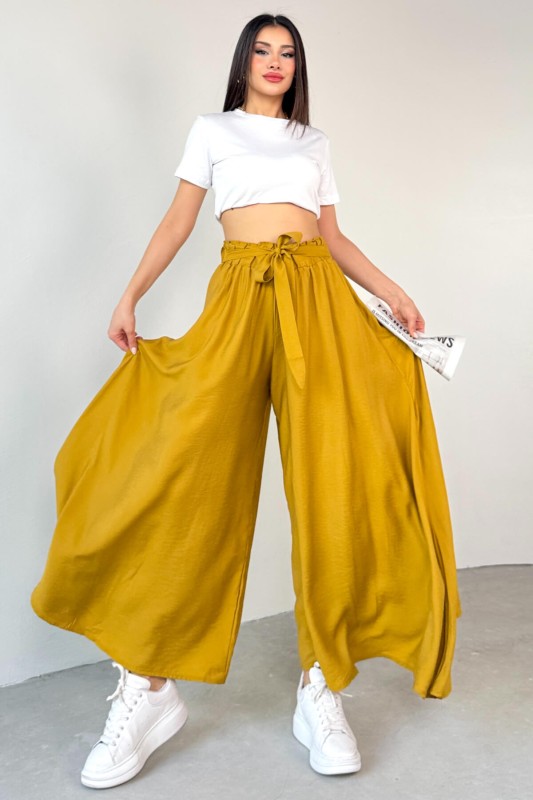 PNT-07410 Hardal Rengi Dokuma Kuşaklı Şalvar Etek Pantolon