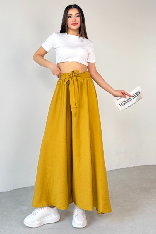 PNT-07410 Hardal Rengi Dokuma Kuşaklı Şalvar Etek Pantolon