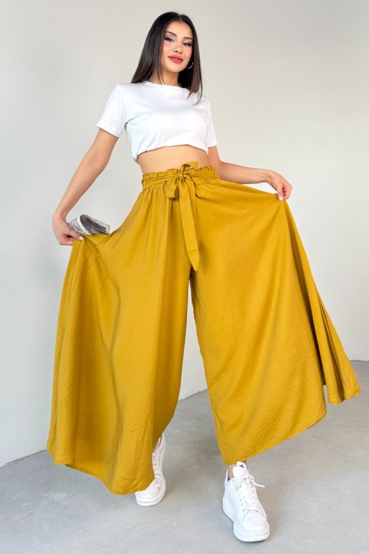 PNT-07410 Hardal Rengi Dokuma Kuşaklı Şalvar Etek Pantolon