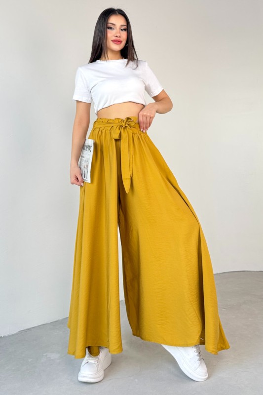 PNT-07410 Hardal Rengi Dokuma Kuşaklı Şalvar Etek Pantolon