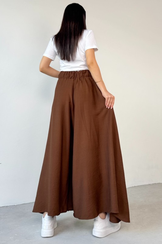 PNT-07410 Kahverengi Dokuma Kuşaklı Şalvar Etek Pantolon