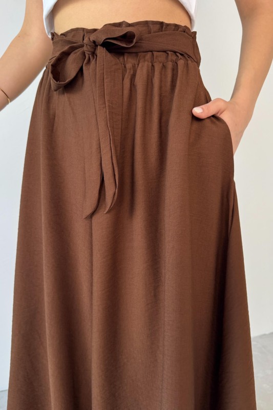 PNT-07410 Kahverengi Dokuma Kuşaklı Şalvar Etek Pantolon