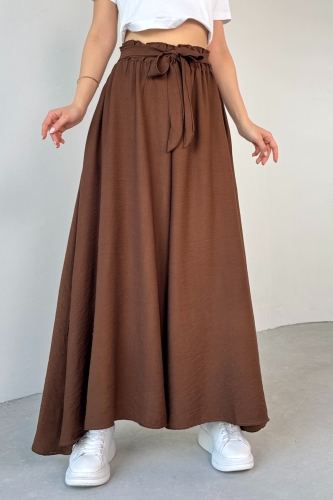 Cappmoda - PNT-07410 Kahverengi Dokuma Kuşaklı Şalvar Etek Pantolon (1)