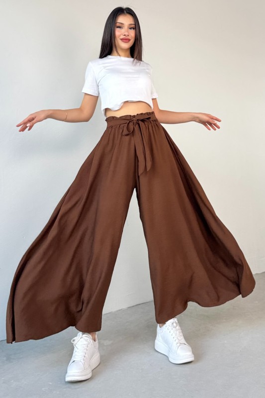 PNT-07410 Kahverengi Dokuma Kuşaklı Şalvar Etek Pantolon