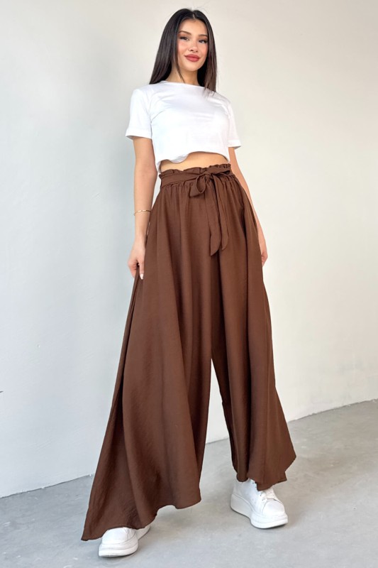 PNT-07410 Kahverengi Dokuma Kuşaklı Şalvar Etek Pantolon
