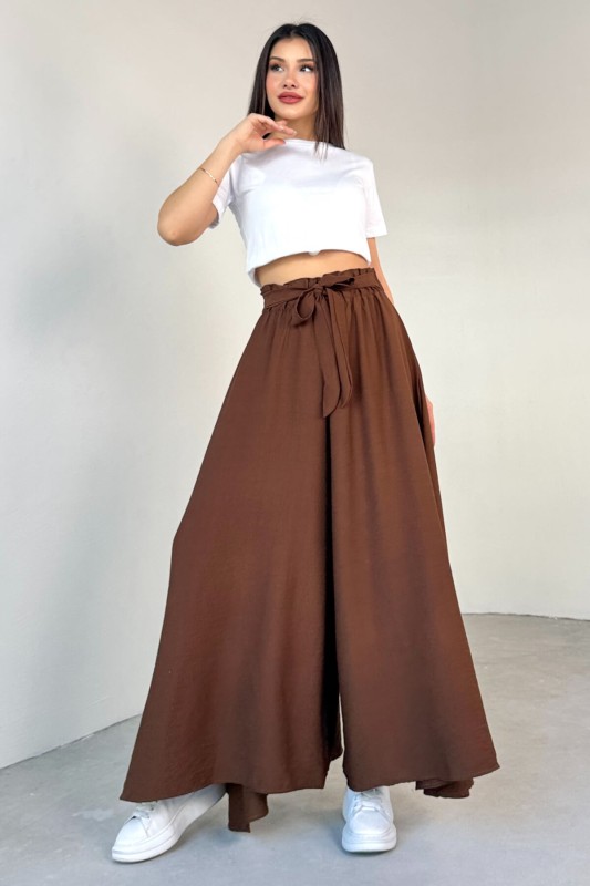 PNT-07410 Kahverengi Dokuma Kuşaklı Şalvar Etek Pantolon