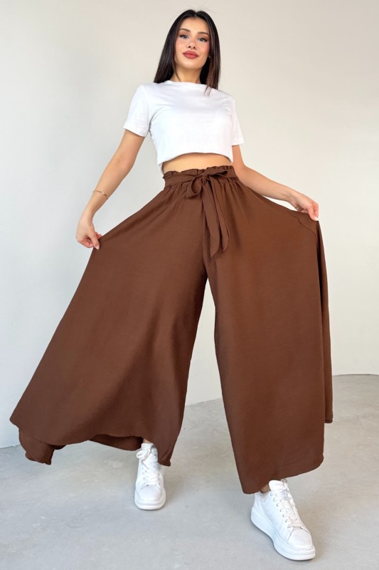 PNT-07410 Kahverengi Dokuma Kuşaklı Şalvar Etek Pantolon