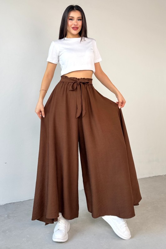 PNT-07410 Kahverengi Dokuma Kuşaklı Şalvar Etek Pantolon