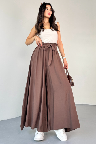 PNT-07410 Kahverengi Dokuma Kuşaklı Şalvar Etek Pantolon 