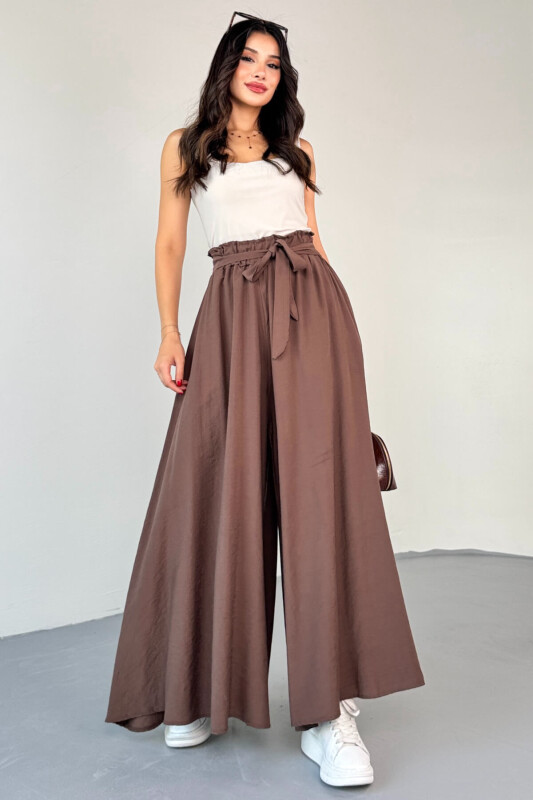 PNT-07410 Kahverengi Dokuma Kuşaklı Şalvar Etek Pantolon - 2