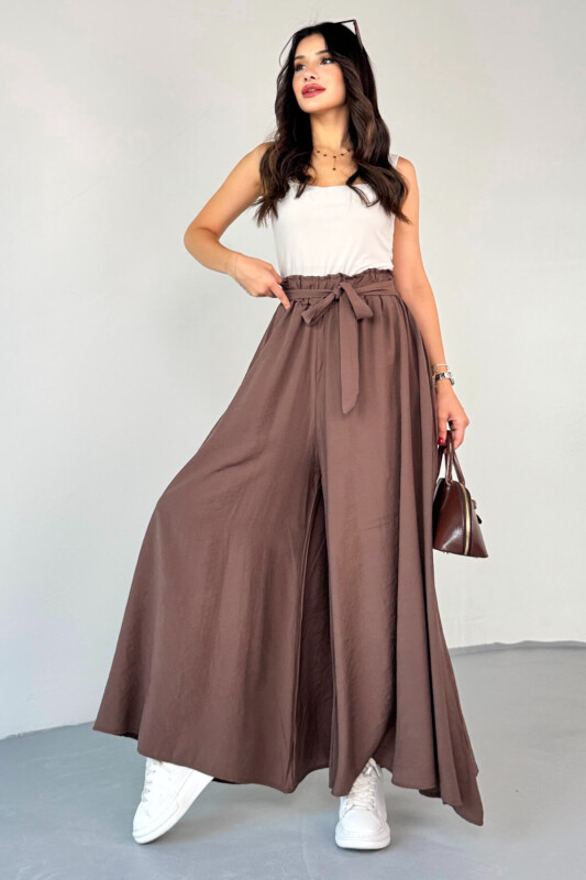 PNT-07410 Kahverengi Dokuma Kuşaklı Şalvar Etek Pantolon - 3