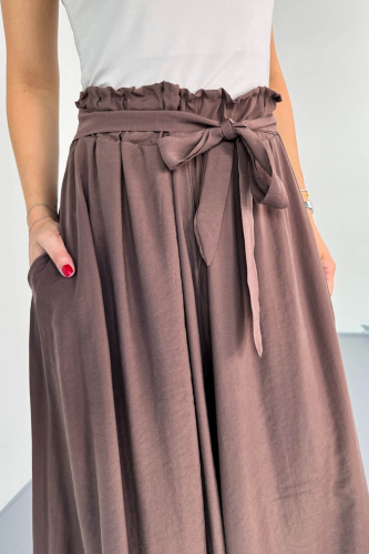 PNT-07410 Kahverengi Dokuma Kuşaklı Şalvar Etek Pantolon - 6