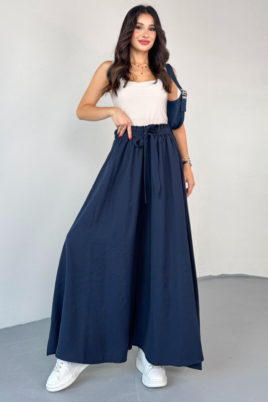 PNT-07410 Lacivert Dokuma Kuşaklı Şalvar Etek Pantolon - 1
